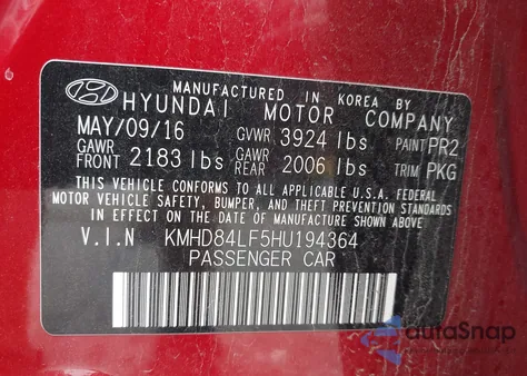 2017 Hyundai Elantra Se from USA, damaged, VIN KMHD84LF5HU194364